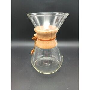 Vtg. 1970's Chemex Pour Over Coffee Carafe 9" Tall Wood Grip Leather Strap NICE!